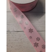 Лента репсовая 2,5 см "Снежинки" цв. розовый, цена за 1 м